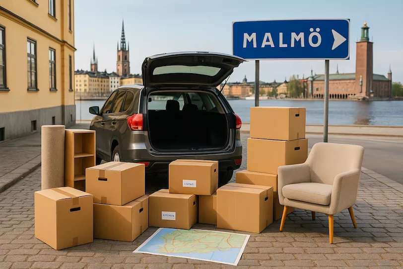 "En samling flyttkartonger och möbler står färdigpackade bredvid en bil med öppen baklucka på en gata i Stockholm, redo för en flytt till Malmö."