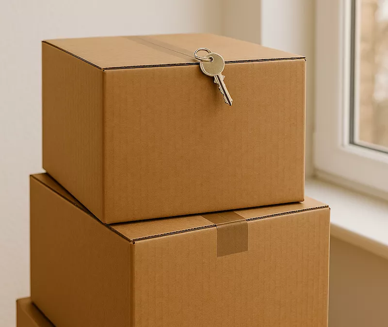Två flyttkartonger och nyckel – övergång mellan två hyresbostäder
